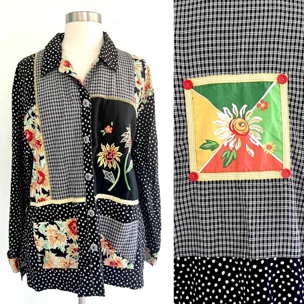 Vintage 90’s sunflower patchwork chore coat rayon blend shirt jacket top